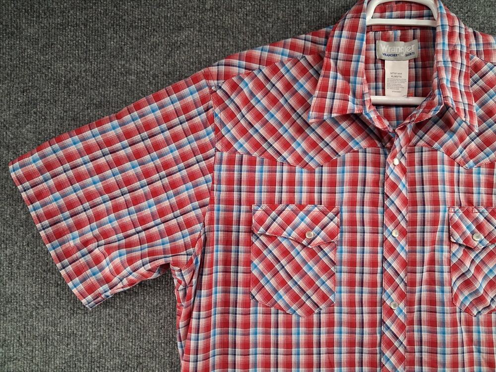Wrangle Wrancher Shirt Mens XL Red Plaid Pearl Snap Short Sleeve